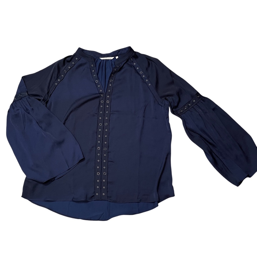 Soft Surroundings XL Navy‎ Blouse Bell Sleeve 100% Polyester Metal Accents